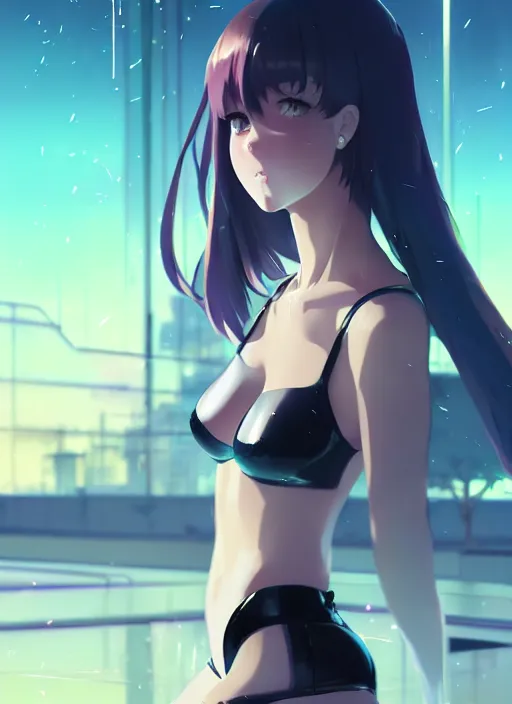 Image similar to portrait of cute girl in latex clothes, night city background illustration concept art anime key visual trending pixiv fanbox by wlop and greg rutkowski and makoto shinkai and studio ghibli and kyoto animation