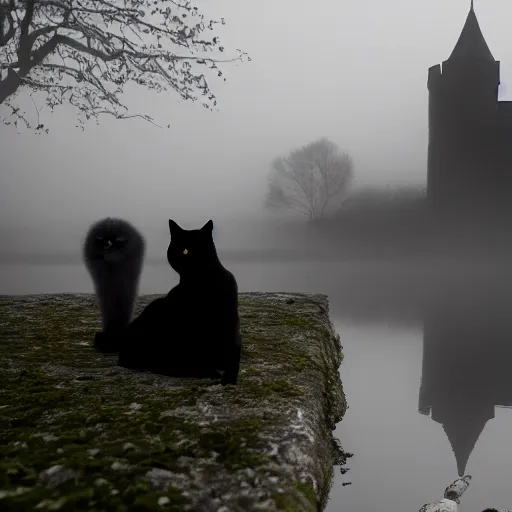 Image similar to a dark vallcy with a huge gloomy castle, fog. a little boy and a black cat