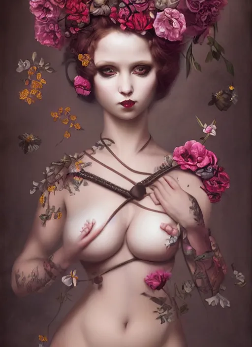 Image similar to pop surrealism, lowbrow art, realistic seductive cute woman painting, body harness, japanese shibari with flowers, hyper realism, muted colours, rococo, natalie shau, loreta lux, tom bagshaw, mark ryden, trevor brown style,