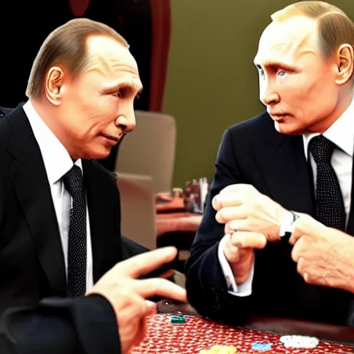 Prompt: a photo of Berlusconi play poker with Putin