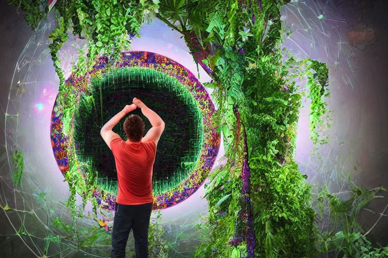 Image similar to guy standing in spinning portal where he can see himself in the future, trippy, weird, colorful, artstation, realistic, climbing plants