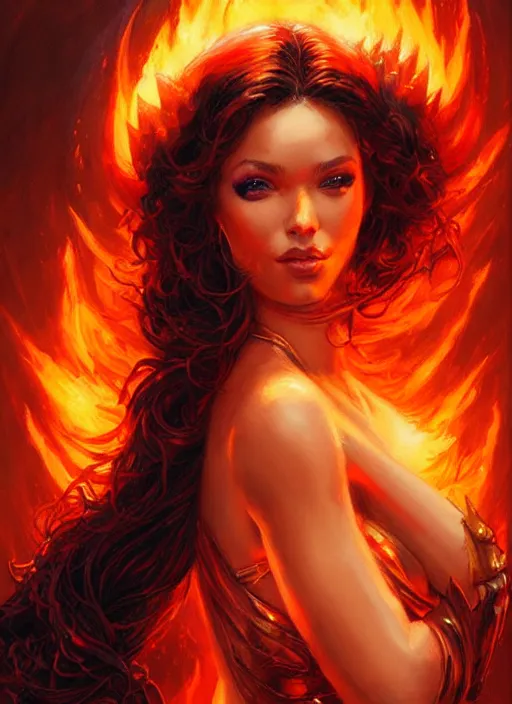 Prompt: The Fire Queen, beautiful woman, fire, flames, dramatic, hyperdetailed | ralph horsley, art by artgerm and greg rutkowski | waist-up portrait