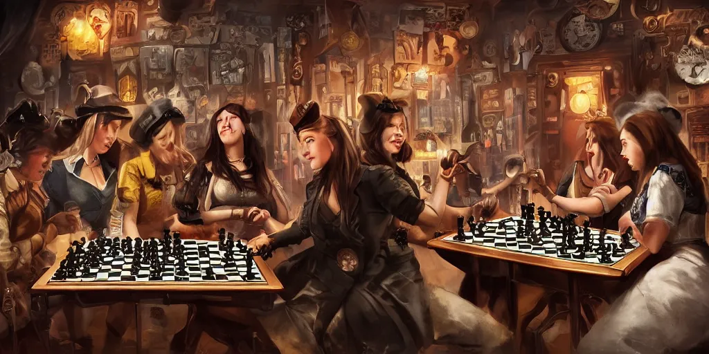 Prompt: Women playing chess at the steampunk pub, Quentin Tarantino movie posters, smoking cigarettes, Darek Zabrocki, Karlkka, Jayison Devadas, Phuoc Quan, trending on Artstation, 8K, ultra wide angle, pincushion lens effect.