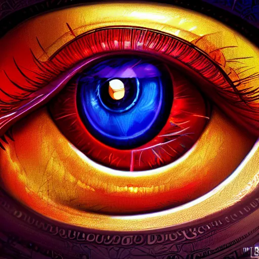 Image similar to Cybernetic Eye with intricate reflections, colorful, fantasy, vivid colors, concept art, sharp focus, digital art, Hyper-realistic, 4K, Unreal Engine, Highly Detailed, HD, Dramatic Lighting by Brom, trending on Artstation