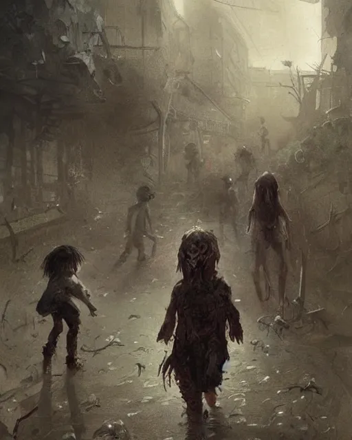 Image similar to a child zombie walking toward a scared teenager that fell on the ground by jean baptiste monge and greg rutkowski