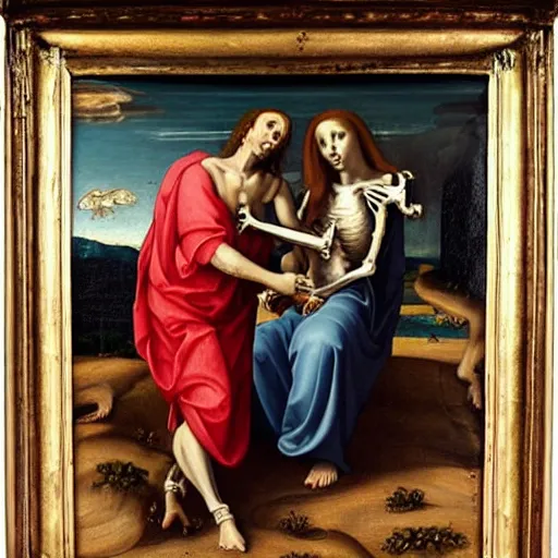 Prompt: skeleton in heaven dressed as renaissance artist painting a portrait of a model dressed as a Saint, painting, renaissance art, detailed, oil painting