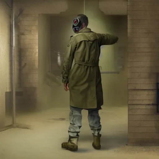 Image similar to photorealistic detailed image of a man in a rugged, worn trench coat wearing a gas mask, in a ruined and dark underground lab, readying himself for combat with a green/brown/gray undertone, inspired by the Stalker video game series