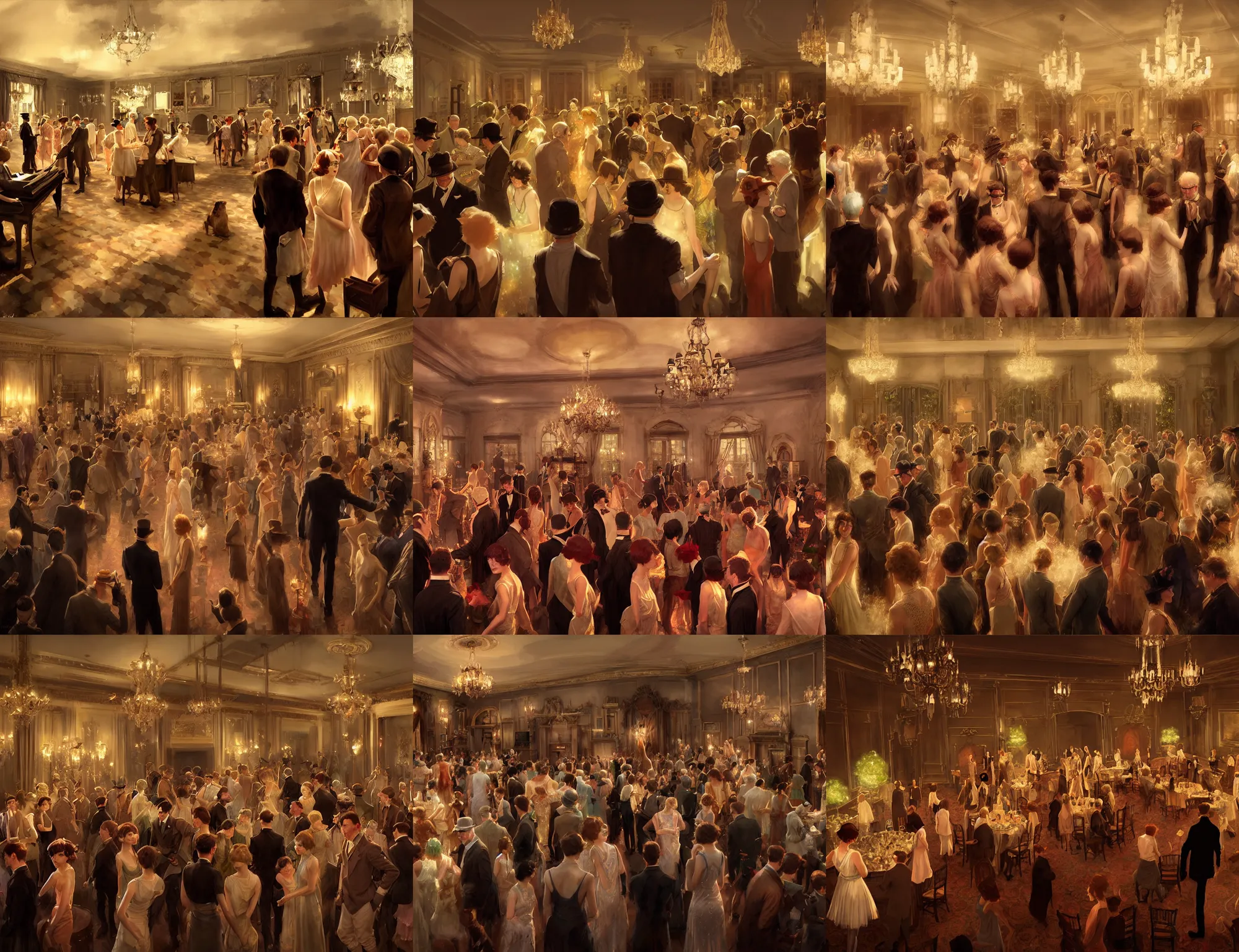 Image similar to craig mullins and ghibli and james gurney detailed digital painting of a 1 9 2 0 s grand party in a beautiful mansion, many partygoers, strong contrast, unreal engine, hyper realism, realistic shading, cinematic composition, realistic render, octane render, detailed textures, photorealistic, very wide shot, 3 5 mm film