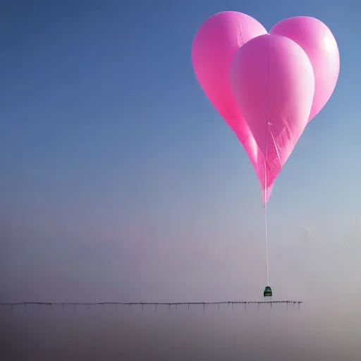 Image similar to a 5 0 mm lens photograph of a cute pink floating modern house, floating in the air between clouds, inspired by the movie up, held up from above by heart ballons. mist, playful composition canon, nikon, award winning, photo of the year