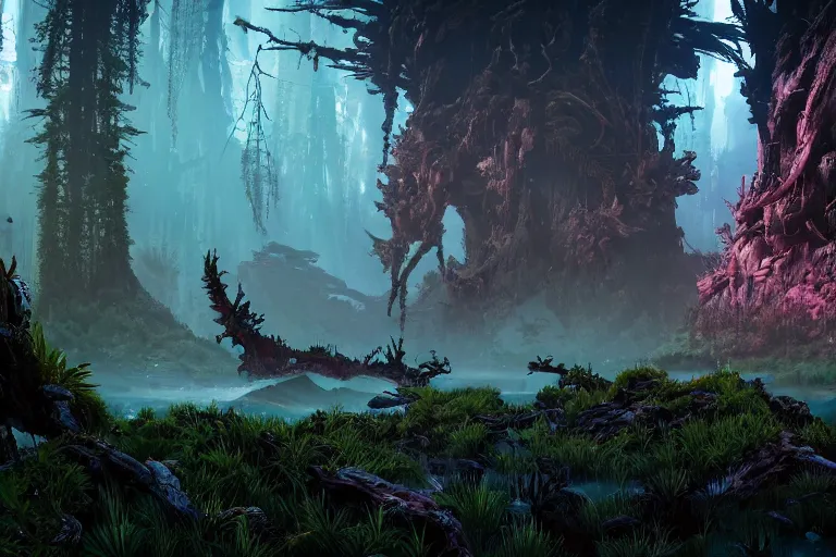 Image similar to wide epic shot from horizon forbidden west. a hyper detailed organic mechanic creatuve realistic similar look as horizon forbidden west horizon zero dawn, bioluminiscence in a dark deep forest at dawn in spring, with reflection and textures, by kilian eng, substance painter reaslitic mech surface metal painted scratches, world env from horizon forbidden west horizon zero dawn