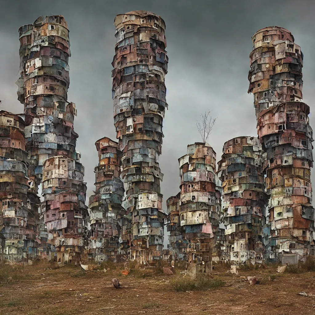 Image similar to circular towers, made up of makeshift squatter shacks with faded colours, apocalyptic sky, misty, dystopia, mamiya rb 6 7, fully frontal view, ultra sharp, very detailed, photographed by julie blackmon