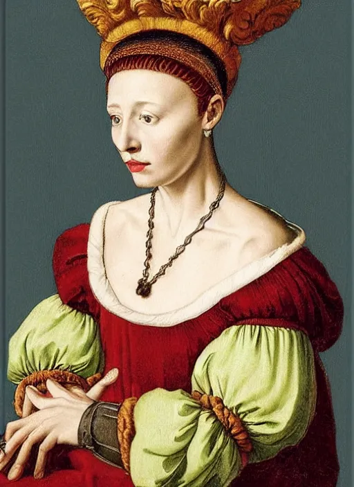 Image similar to portrait of young woman in renaissance dress and renaissance headdress, art by jean - michel folon