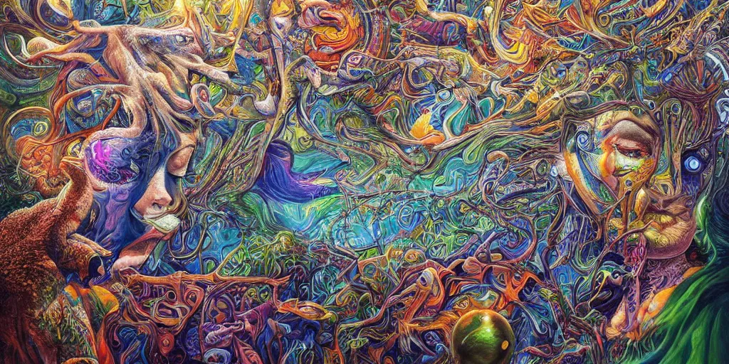 Image similar to 🌲🌌, acrylic on canvas, realism movement, breathtaking detailed, by android jones, alex grey, chris dyer, and aaron brooks, photorealistic