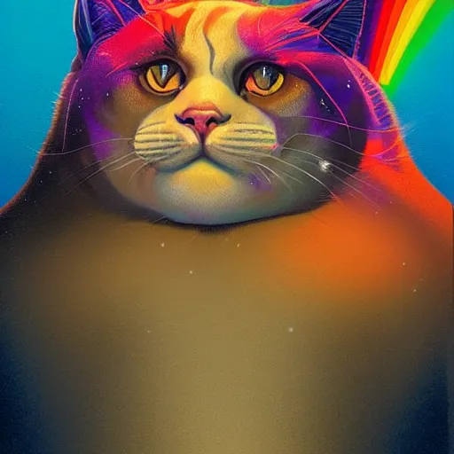 Image similar to a dramatic body portrait of an obese cat with rainbows and space behind it, cinematic lighting, symmetric face by karol bak, christopher balaskas