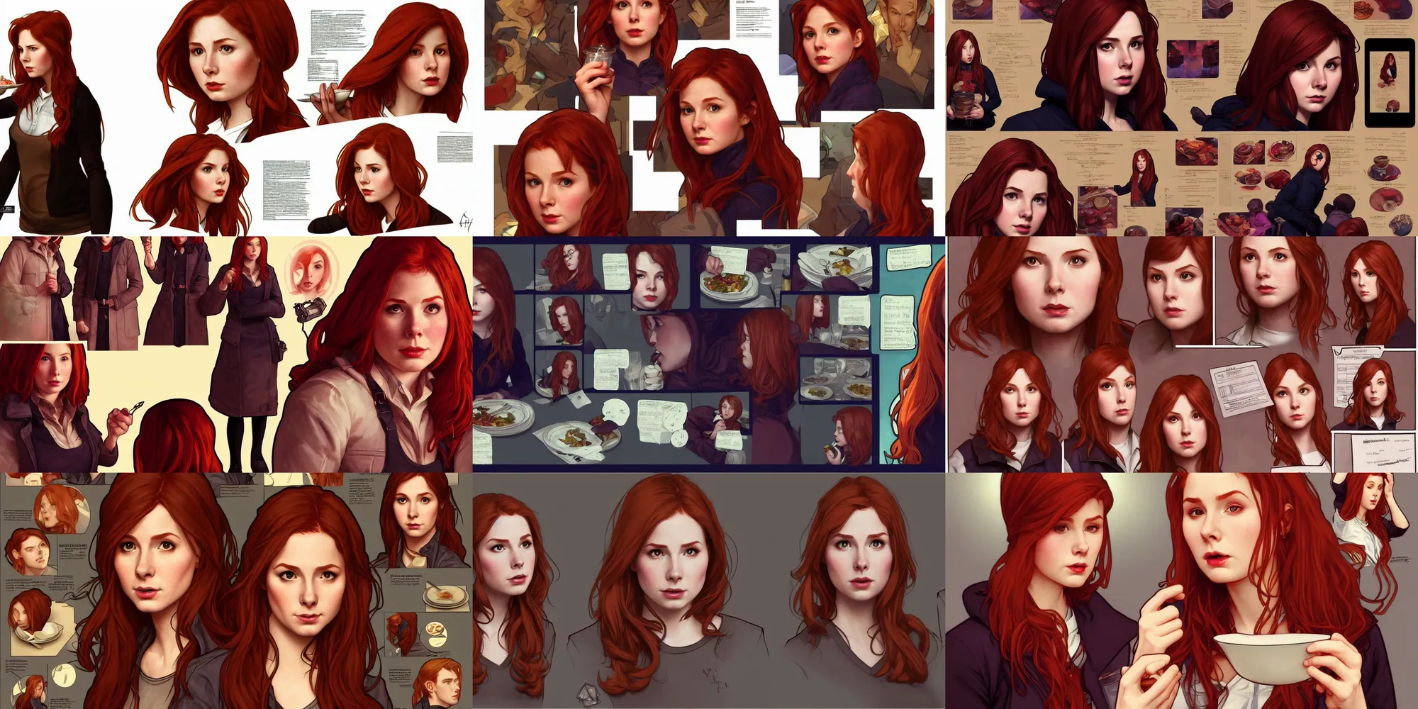Prompt: amy pond eating dinner, character sheet, character design, contrast, deep focus, turnaround, highly detailed, dramatic lighting, digital painting, artstation, concept art, matte, sharp focus, illustration, elegant, art by artgerm and greg f and alphonse mucha.