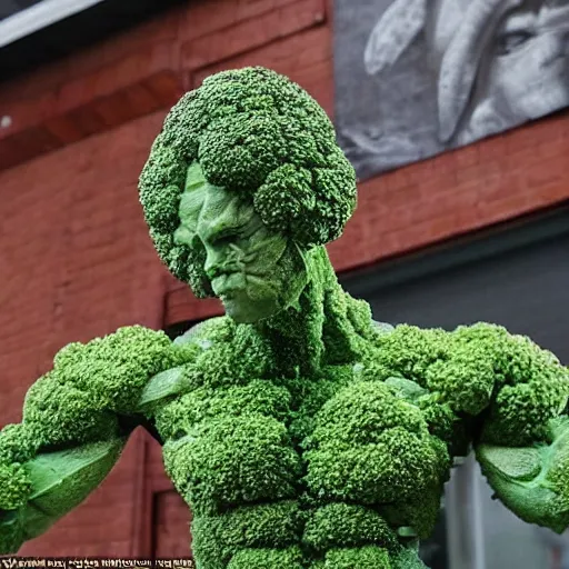 Prompt: a posing bodybuilder sculpture made entirely from broccoli, head of broccoli