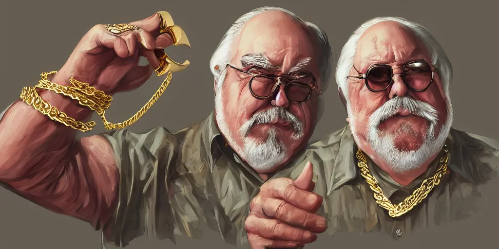 Image similar to wilford brimley rapper wearing gold chains with gold rings on his fingers diabeetus high fidelity painting high resolution trending on artstation