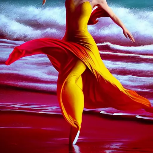 Image similar to beautiful modern dancer wearing a red and yellow swirling dress, dancing waist-deep in a sea of wild ocean waves, trending on Artstation, cinematic, hyperrealistic