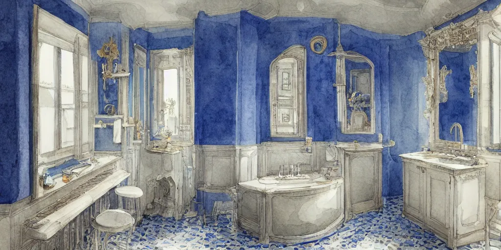 Prompt: a hiper intricate watercolor of a beatiful bathroom in ultramarine and siena colors, extremely detailed, sharp focus, wide view, smooth, digital illustration, colorfull, by william turner art, by greg rutowski