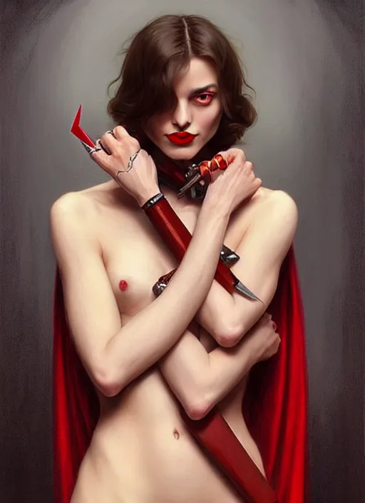 Image similar to “ daria strokous as femme fatale smiling, with red lips, holding knife on her victim ’ s throat intricate, elegant, highly detailed, digital painting, artstation, concept art, smooth, sharp focus uhd 8 k, art by artgerm and greg rutkowski and alphonse mucha ”