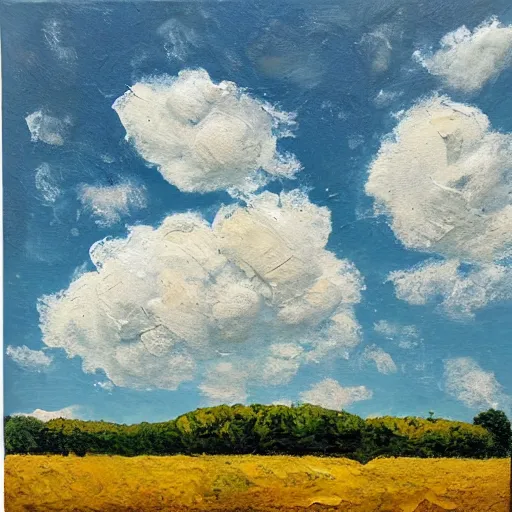 Prompt: oil paint impasto relief of sussex summer field, oak tree and cumulus clouds, thick heavy expressive paint