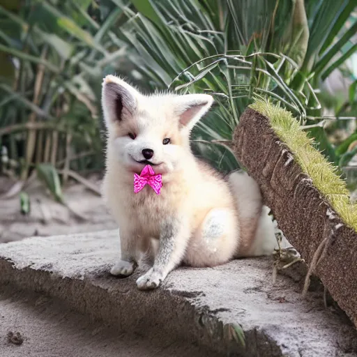 Image similar to a photorealistic adorable chubby charming but vicious fennic fox wolf rabbit hybrid, wearing bows on the top of its head, grinning at the camera with a mischievous look, sharp teeth, happy lighting, at a tropical beach