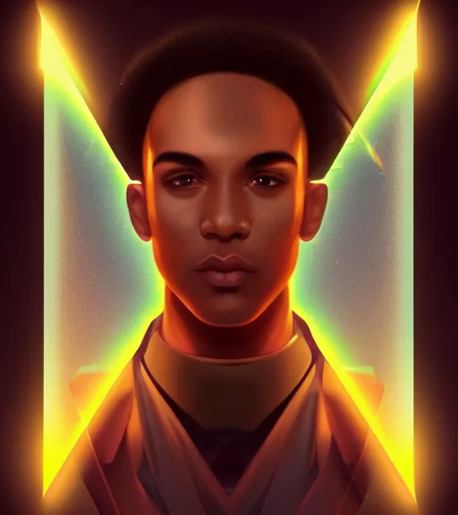 Image similar to symmetry!! egyptian prince of technology, solid cube of light, hard edges, product render retro - futuristic poster scifi, lasers and neon circuits, brown skin man egyptian prince, intricate, elegant, highly detailed, digital painting, artstation, concept art, smooth, sharp focus, illustration, dreamlike, art by artgerm