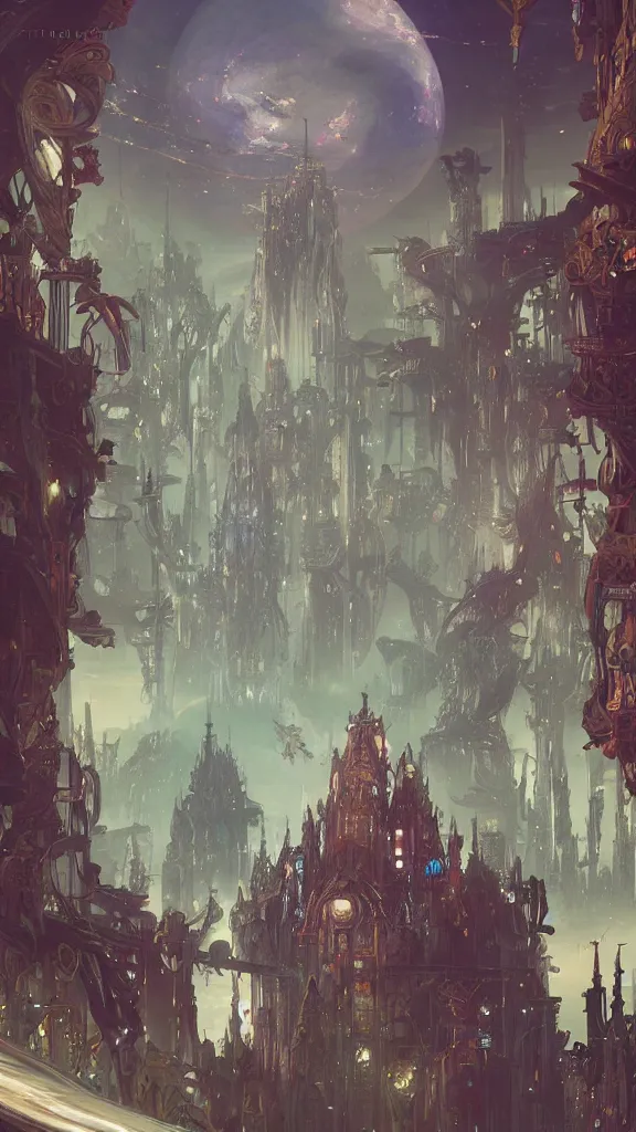 Prompt: a beautiful fantasy artwork of a celestial cyberpunk castle, ultrawide shot, art by li shuxing, beeple, ayami kojima, cedric peyravernay, finnian macmanus, alphonse mucha, victo ngai, greg rutkowski, concept art