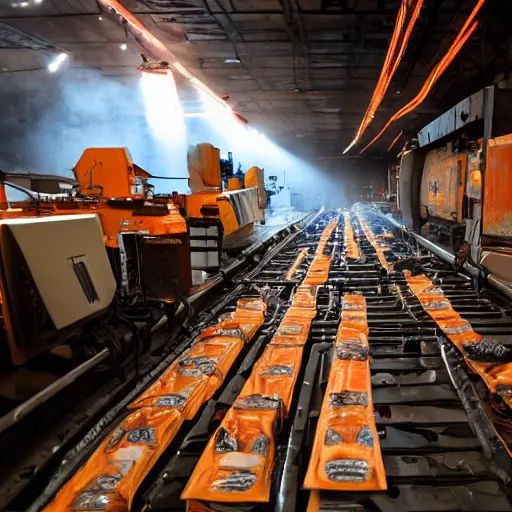 Prompt: rows of toaster oven mecha heads on conveyor belt, dark messy smoke - filled cluttered workshop, dark, dramatic lighting, orange tint, sparks, cinematic, highly detailed, sci - fi, futuristic, movie still