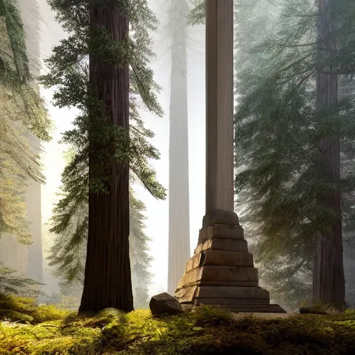 Prompt: obelisk in a redwood forest, sunlit, octane render, matte, greg rutkowski, highly detailed, hdr
