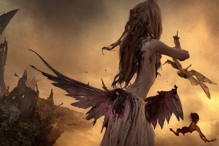 Image similar to A Lone beautiful fairy girl, with tattered wings and torn clothes ,fights off a hoard of undead monsters and zombies with an uzi, standing on a pile of bones, hyper realistic, octane render, cinematic, golden ratio, curved lines, the dark tower, dramatic lighting shadows, detailed illustration, 8k, intricate details, oil painting, 3d scene, render, ultra realistic, zenith view, Greg Rutkowski, artstation, cgsociety, level design, unreal engine, 3d scene, render, ultra realistic, zenith view, Enki Bilal style