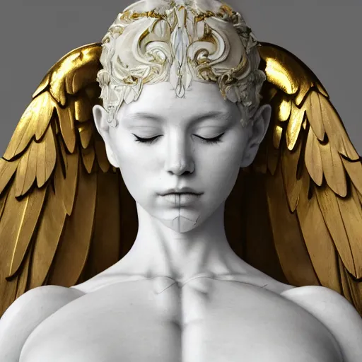 Image similar to a statue made of white marble with gold veins, of an beautiful angel girl, full body shot, perfect symmetrical body, perfect symmetrical face, no eyes, hyper realistic, hyper detailed, fujicolor superia 1 6 0 0 photo, by peter kemp, by monia merlo octane render, blender, 8 k