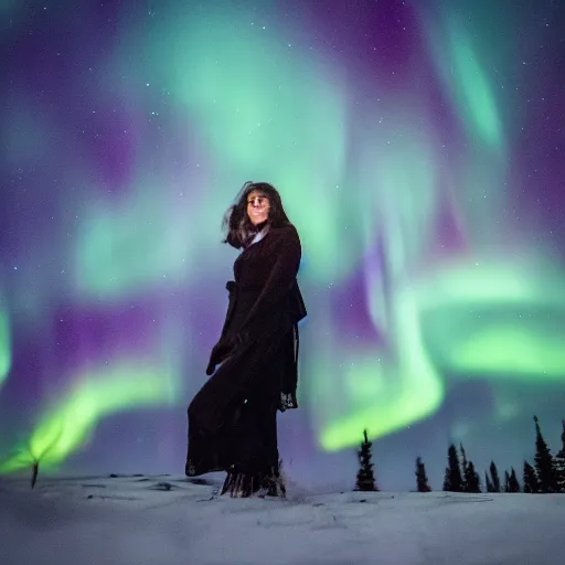 Prompt: close up photography of a dreaming woman standing to the right in frame with a rimligh, swedish northern forest, aurora borealis, canon 5 d, 4 k, cinematic, fog and haze, elegant, medium format, analog photography, depth of field