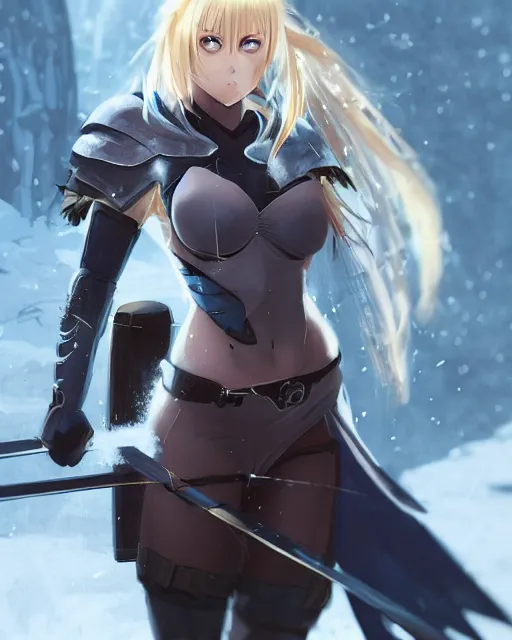 Prompt: An anime portrait of Enji Night as a blonde huntress from Skyrim, by Stanley Artgerm Lau, WLOP, Rossdraws, James Jean, Andrei Riabovitchev, Marc Simonetti, and Sakimichan, tranding on artstation, ultra realistic