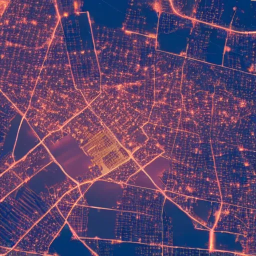 Prompt: satellite view of a metropolis at night, pink lighting