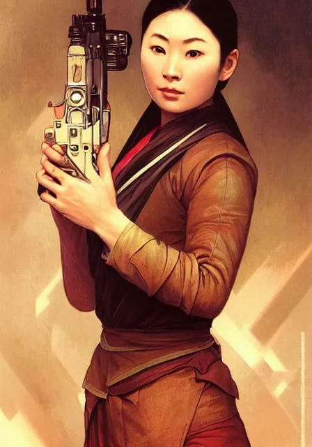 Prompt: realistic asian woman holding a vintage sci - fi gun, handsome, intricate, elegant, highly detailed, digital painting, artstation, concept art, smooth, sharp focus, illustration, art by artgerm and greg rutkowski and alphonse mucha and william - adolphe bouguereau