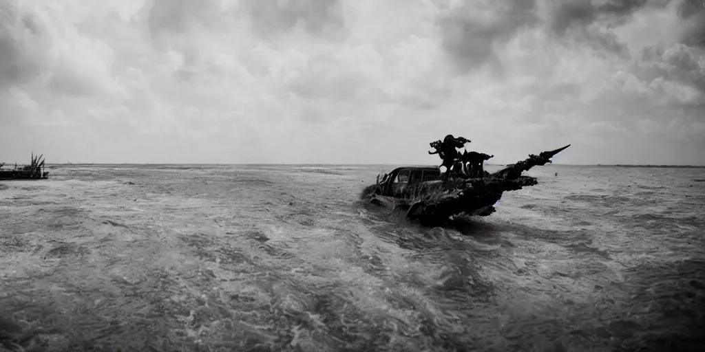 Image similar to sri lankan mad max style on boats, ocean, film still, epic shot cinematography, rule of thirds