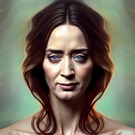 Image similar to character concept portrait of emily blunt, beautiful voluminous muscular tall healthy and virtuous. modestly clothed, intricate, elegant, highly detailed, digital painting, artstation, concept art, symmetry, smooth, sharp focus, illustration, art by mandy jurgens and alphonse mucha and alena aenami