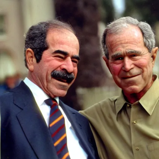 Image similar to saddam hussain with george bush, realistic, award winning, photography,