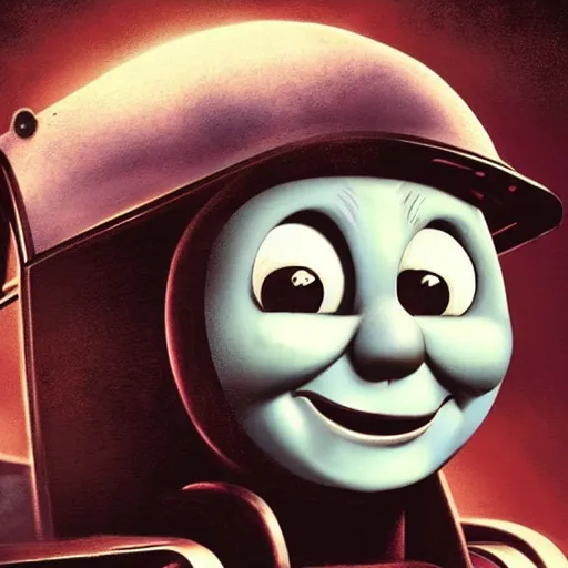 Image similar to gloomy and frightening creepy smiling thomas the engine goes straight to hell, artstation