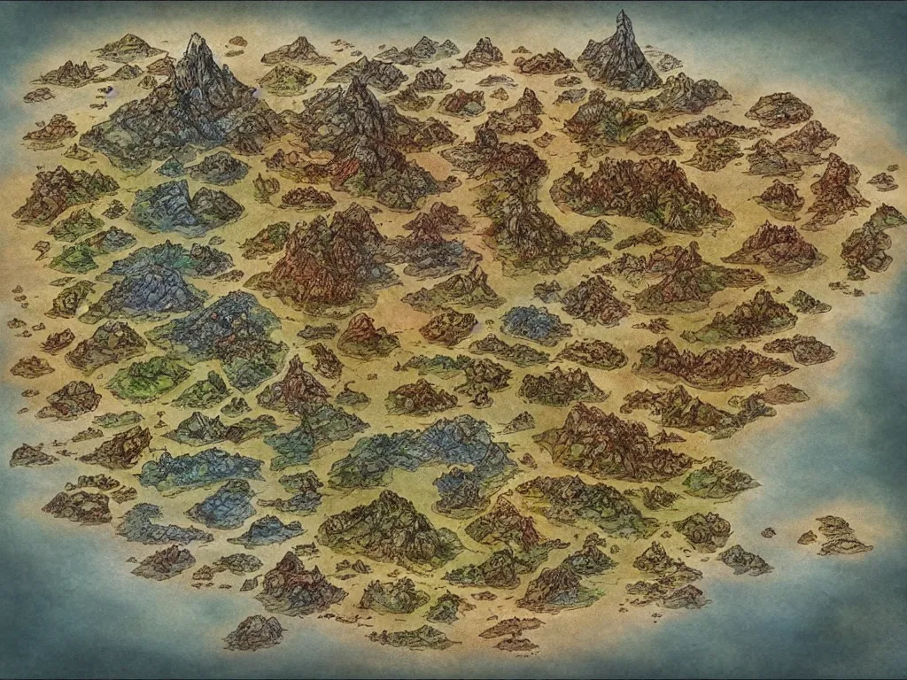 Image similar to an isometric fantasy map of a continent, the land of Odrua, uncluttered, bordered by ocean by brian froud by jrr tolkien in the dungeons and dragons and disney styles