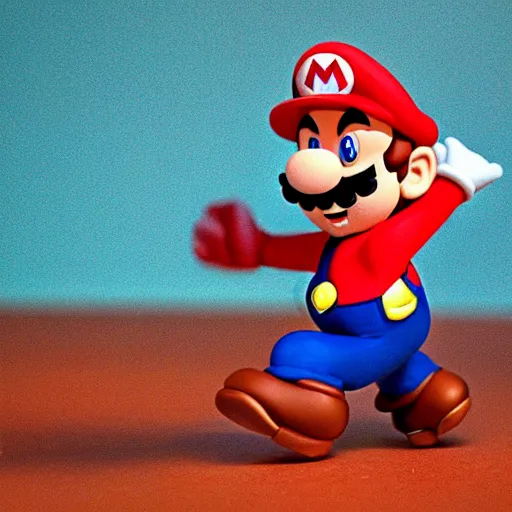 Prompt: Mario Mario in a still from the short movie The Wrong Trousers (1993), stopmotion animation, detailed plasticine models, 4k