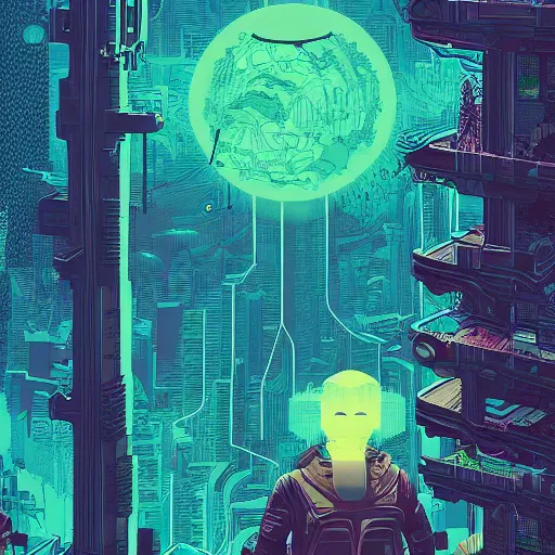 Image similar to Stunningly intricate illustration of single cyberpunk explorer overlooking lush forest, highly detailed, midnight, small glowing orbs by Victo Ngai and James Gilleard , Moebius, Laurie Greasley