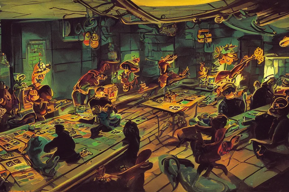 Image similar to rats rolling dice, neon basement, by john kricfalusi and syd mead