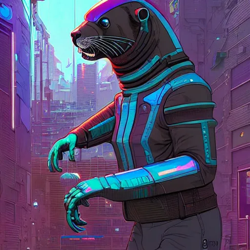 Image similar to A cyberpunk otter cyborg on the street of a cyberpunk city art by Josan Gonzalez, sci-fi, highly detailed, digital painting, artstation, smooth, sharp focus, illustration, concept art by Josan Gonzalez and James Gurney and Mœbius