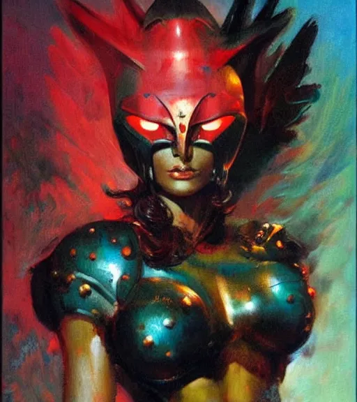 Image similar to portrait of strong iranian female chaos angel, beautiful! coherent! by frank frazetta, by brom, strong line, vivid neon color, shining metal power armor, iron helm, high contrast, maximalist