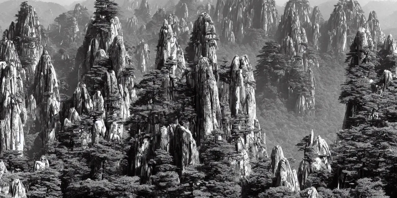 Image similar to huangshan with buddhist temples by ansel adams