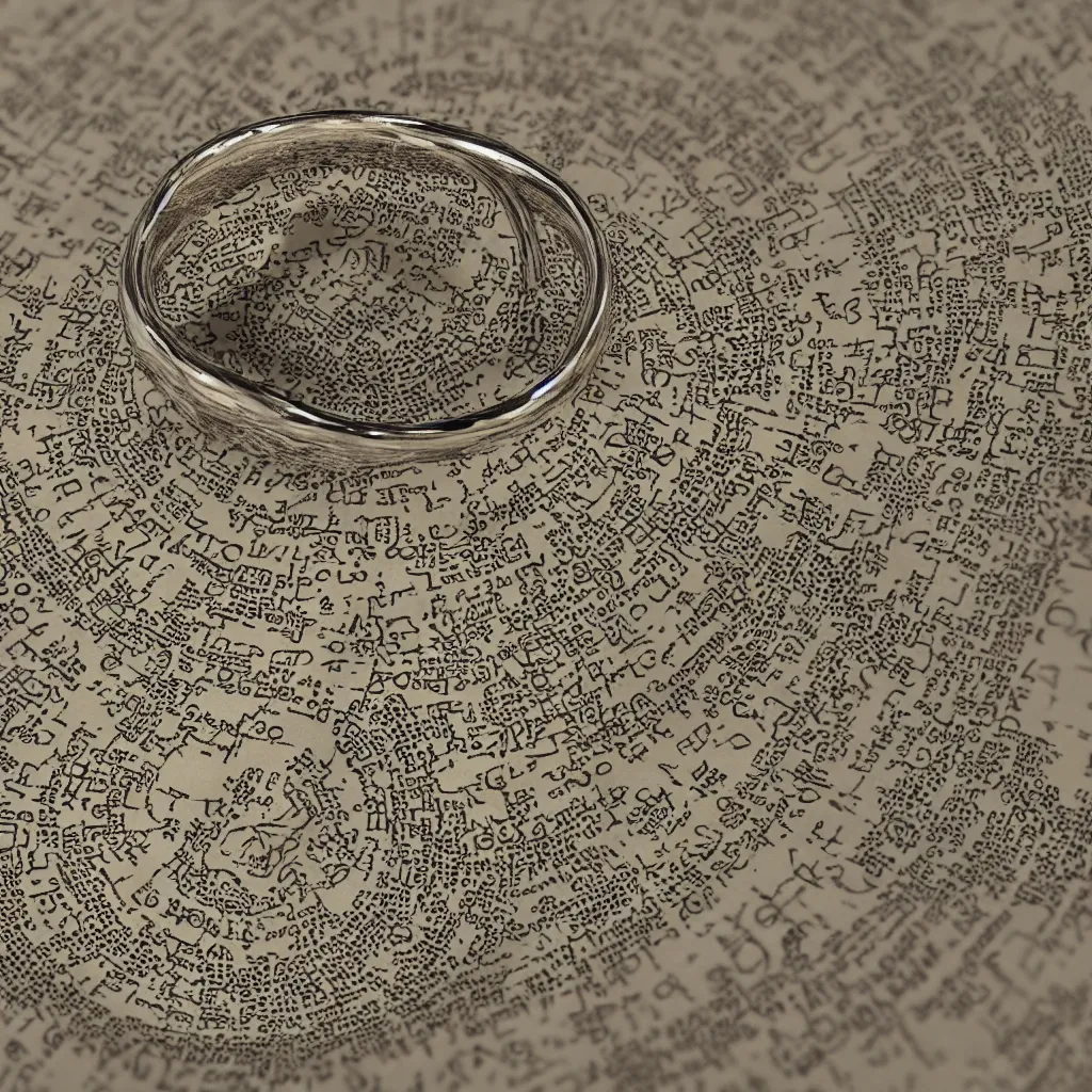 Image similar to the ring from lord if the rings with an imprinted ruler, cm scale imprinted on the inside of the ring, one ring to rule them all, highly detailed, 8 k, trending on artstation, mystic, rpg artwork