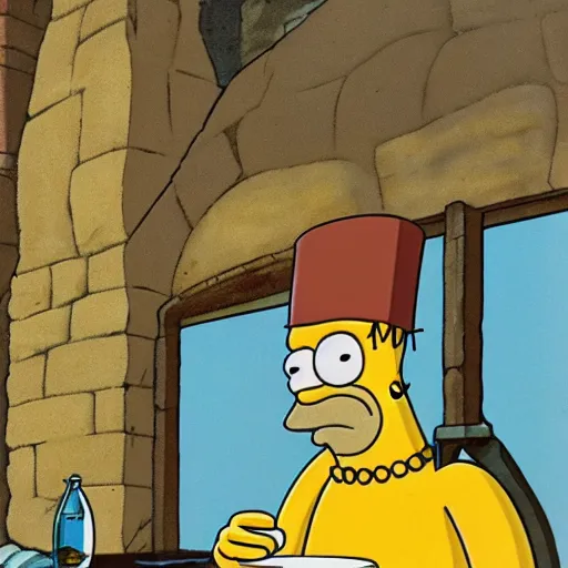 Prompt: Homer Simpson wearing sandals drinking a cup of tea in a medieval castle, 1960s Cartoon