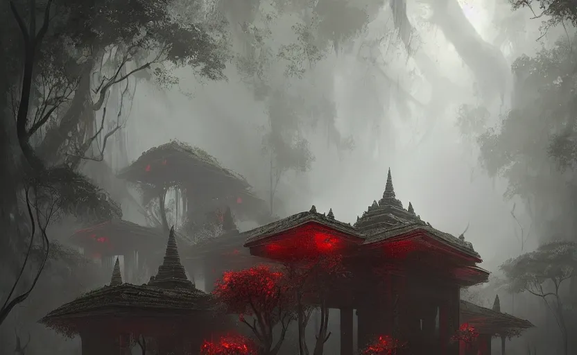 Prompt: dark khmer temple, dense jungle, soft grey and red natural light, intricate, digital painting, artstation, concept art, smooth, sharp focus, illustration, art by greg rutkowski and luis rollo and uang guangjian and gil elvgren, symmetry!